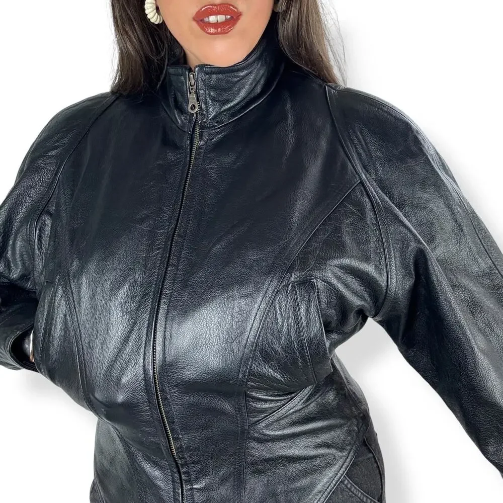 Vintage WILSONS LEATHER black batwing cropped corset motorcycle leather jacket - Picture 11 of 16